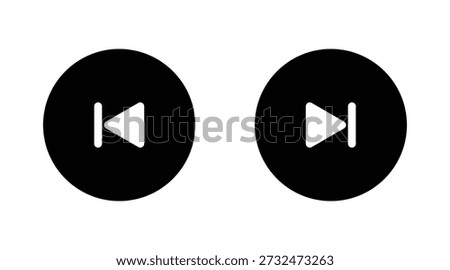 Black and white skip previous and next icons set for user interface design