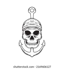 black and white skull anchor doodle illustration for sticker tattoo poster tshirt design etc