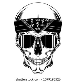 Black and white skull in bandana and glasses.