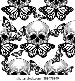 Black and white skull and butterfly. Vector seamless pattern