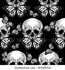 Black and white skull and butterfly. Vector seamless pattern