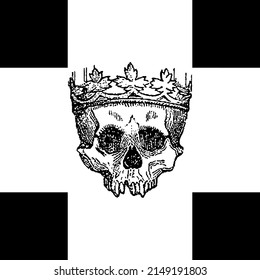 Calavera blanca y negra con corona dentro de una cruz