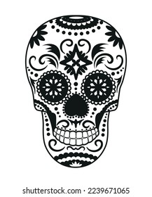 Black and white skull for the day of the dead. Illustration in the Mexican style for creating stickers, tattoos, print.