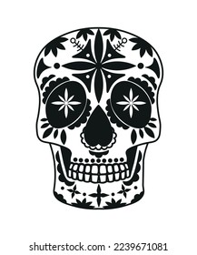 Black and white skull for the day of the dead. Illustration in the Mexican style for creating stickers, tattoos, print.