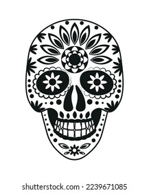 Black and white skull for the day of the dead. Illustration in the Mexican style for creating stickers, tattoos, print.
