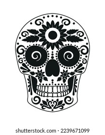 Black and white skull for the day of the dead. Illustration in the Mexican style for creating stickers, tattoos, print.