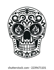 Black and white skull for the day of the dead. Illustration in the Mexican style for creating stickers, tattoos, print.