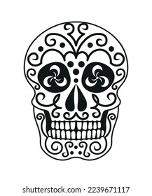 Black and white skull for the day of the dead. Illustration in the Mexican style for creating stickers, tattoos, print.