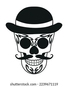 Black and white skull for the day of the dead. Illustration in the Mexican style for creating stickers, tattoos, print.