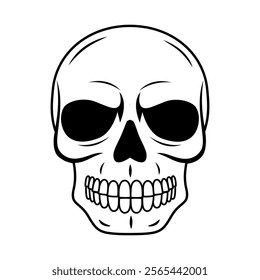 Black and white skull evil look outline in front view.