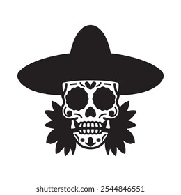 Crânio Preto e Branco com Detalhes Florais - Perfeito para o Dia dos Temas Mortos,
Caveira Mexicana com Sombrero - Design Vetorial Artístico para Celebrações Culturais