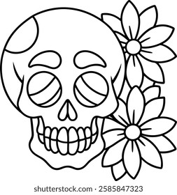 Black and white skull with floral elements coloring page for relaxation