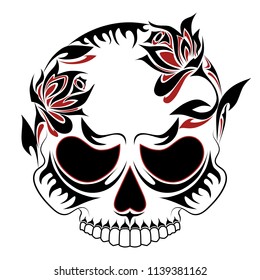 Black and white skull with flowers.