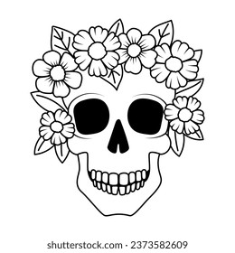 Black and white skull with flowers. Day of the Dead Skull, Dia de los Muertos. Template for halloween greeting card, invitation, poster, banner. Isolated vector illustration