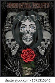 Black and white skull girl with rose