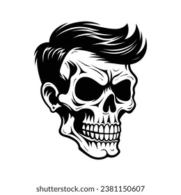 Black and white skull with hair illustration