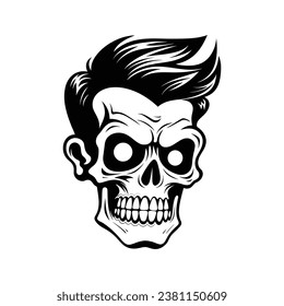 Black and white skull with hair illustration