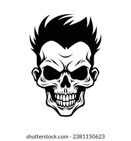 Black and white skull with hair illustration