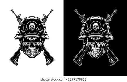 Black and white skull head with army helmet, flat design vector illustration