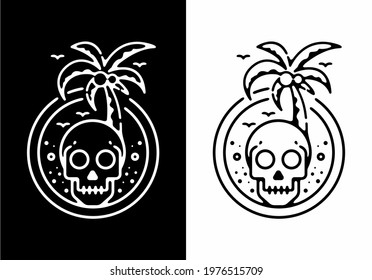 Black and white skull head and coconut tree line art design