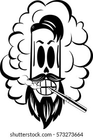 black and white skull with hipster style beard and haircut, smoke electric cigarette in the cloud of steam. Vector logotype