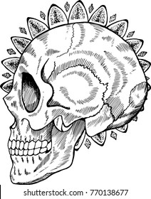 Black and white skull illustration in profile. Skull and mandala in style