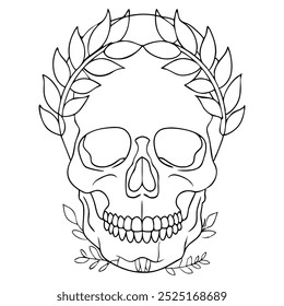 Black and white skull with laurel wreath, isolated vector. For tattoo designs, Halloween