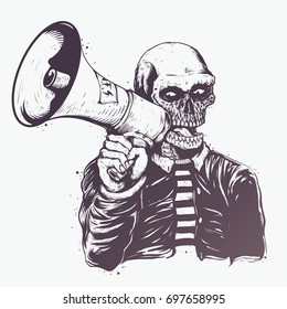 black and white skull with megaphone hand drawing background