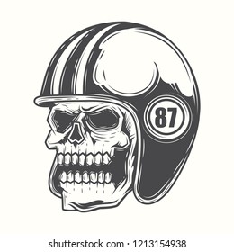 Black and white skull motorcycle helmet on a white background. Vector illustration.