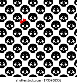 Black with white skull with red bow seamless pattern. Pattern for fabric or wrapping paper design
