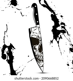 Reflejo del cráneo blanco y negro en la ilustración vectorial del borde del cuchillo de cocina en el estilo de ilustraciones vintage del tatuaje con manchas de sangre negra.
