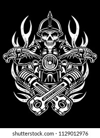 Black and white skull rider illustration custom motorcycle emblems, t-shirt design, labels, badges, logos, prints, templates, Easy rider, Layered, isolated on black background