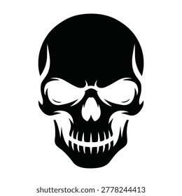 Black and white skull with sharp teeth and evil eyes on white background