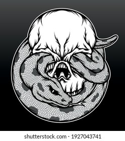 Black white skull with snake illustration. Premium vector