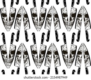 Black and white skull split face reflection on two kitchen knife edges. Vector illustration seamless pattern in the style of tattoo vintage illustrations on white background.