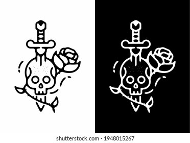 Black and white skull sword and rose tattoo illustration design
