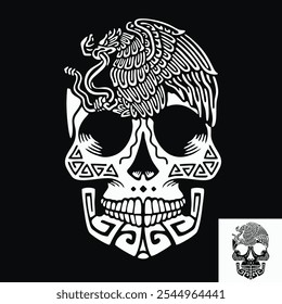 Black and white skull tattoo with eagle on it in mayan tribal style