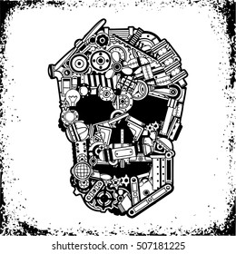 Black and white skull of a variety of mechanical spare parts, scrap metal in a grunge frame. Vector illustration.