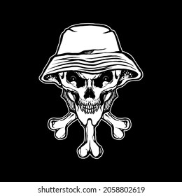 black and white skull wearing buckethat illustration design