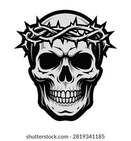 Black and white skull wearing a crown of thorns. Gothic symbol representing death, suffering and sacrifice. Perfect for tattoo design or rock band logo.