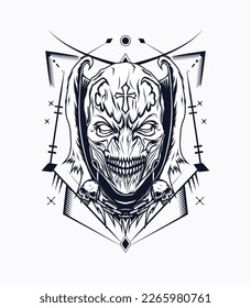 Black and white skull witch vector illustration