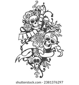 Black and white skulls sketch, calavera Catrina, el dia de los muertos vector illustration