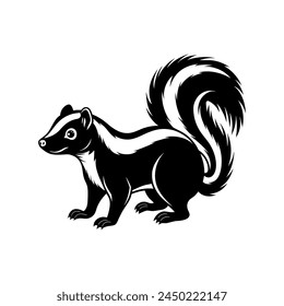 Black and white skunk stands with his bushy tail. Black simple elegant skunk for logo. Animal  Vector illustration isolated on white background