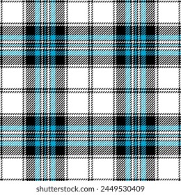 Black, white and sky blue tartan plaid pattern. Vector seamless check pattern for plaid fabric, flannel shirt, blanket, clothes, skirt, tablecloth, textile.