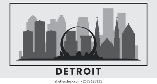 Black and white skyline of Detroit city. Vector on a gray background. Silhouettes of buildings