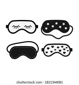 Black and white sleep beauty masks icon set isolated on white background. Eye protection wear accessory. Relaxation blindfolds with heart, star. Eye cover flat design cartoon vector illustration