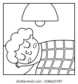 Black and white sleeping boy icon. Cute line napping kid. Child doing daily routine. Night ritual or healthy lifestyle concept or coloring page
