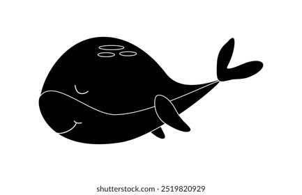 Black and white sleeping cute funny whale character, sea animal. Vector cartoon illustration, icon