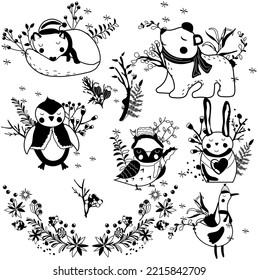 Black and white a sleeping wolf in a hat, cute arctic penguin, funny arctic bear, winter wreath, goose, owl, leaves and berries. Concept Christmas and New Year. Vector