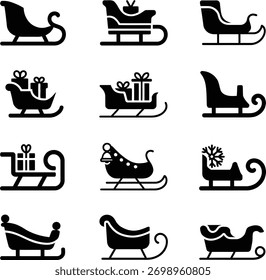 Ícone de trenó preto e branco definir ilustrações vetor de Natal de férias